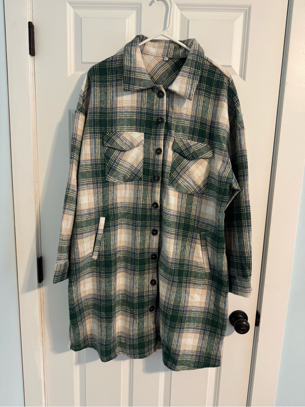 Green Plaid Button-Front Shacket Coat